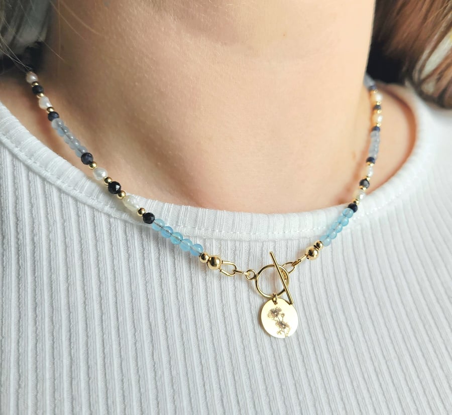 September Birth Flower Necklace with Aquamarine, Sapphire and Pearls