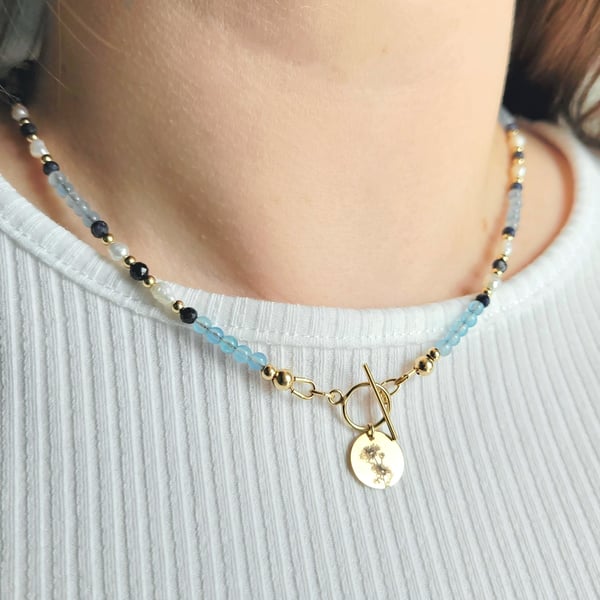 September Birth Flower Necklace with Aquamarine, Sapphire and Pearls
