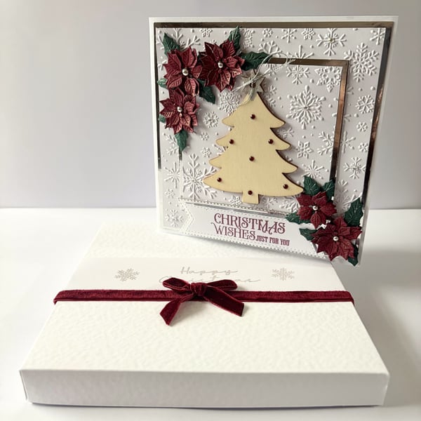 Luxury Handmade Christmas Card - Christmas Tree & Poinsettias, Boxed Keepsake