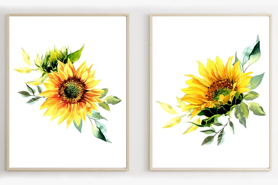 Watercolour Sunflowers wall prints, Sunflowers wall decor, living room prints