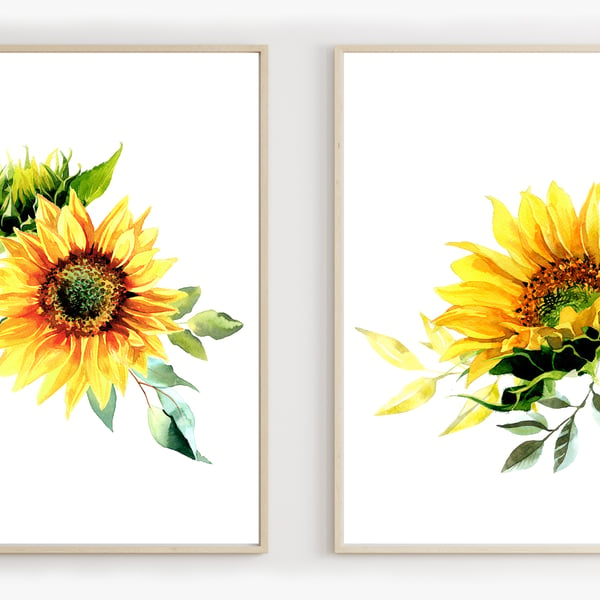 Watercolour Sunflowers wall prints, Sunflowers wall decor, living room prints