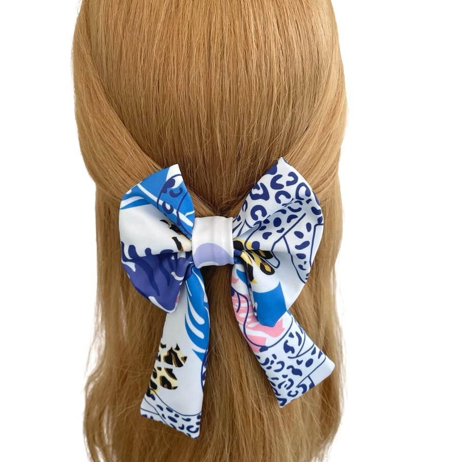 Blue Patterned Long Tail Bow with Alligator Clip for Girls Women Eco-Friendly