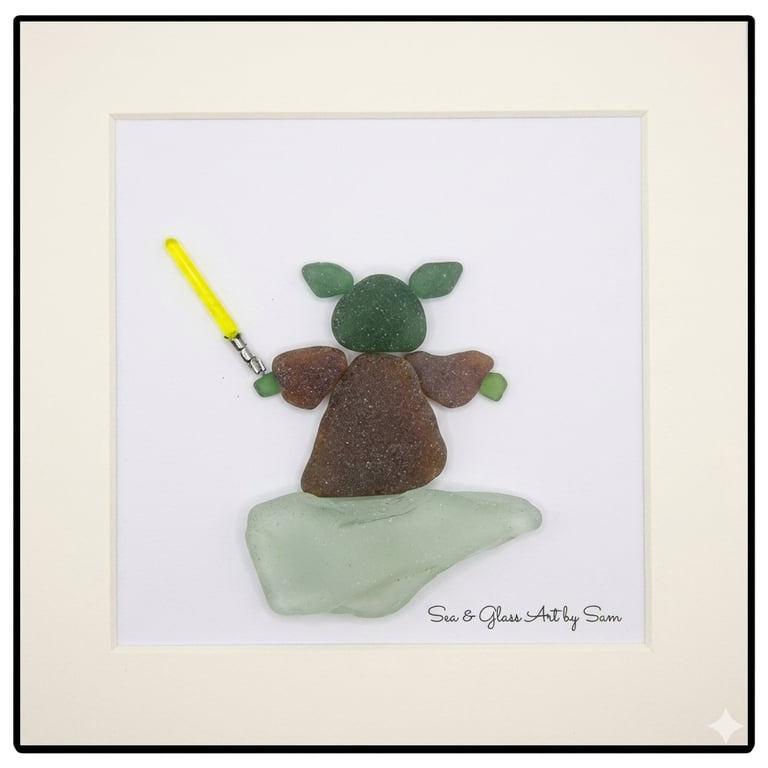 Handmade Sea Glass Yoda Picture - Framed 8x8 Sci-Fi Star Wars Inspired Art