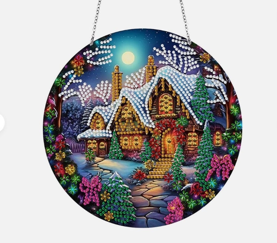 5D DIY Beautiful Snowy Winter House Diamond Painting Kit Crystal Embroidery Rhin