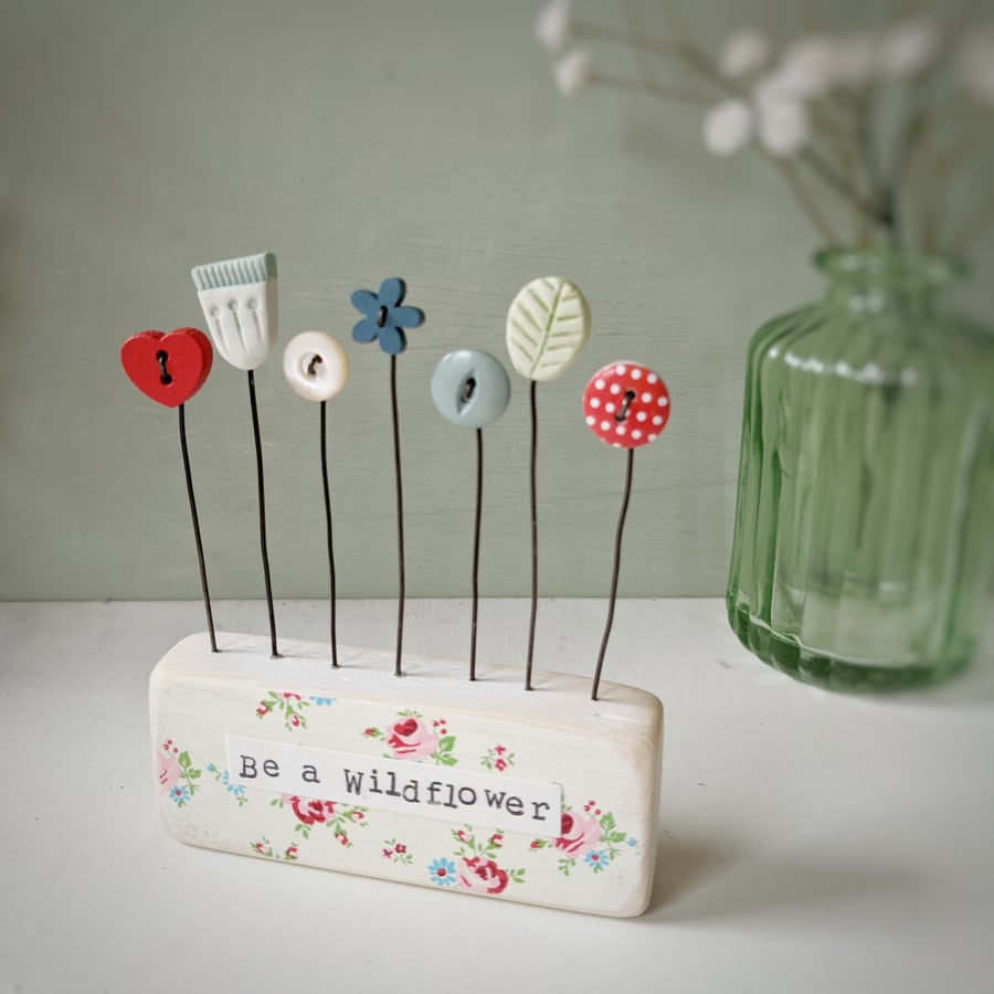 Clay and Button Flower Garden in a Floral Wood Block 'Be a Wildflower'