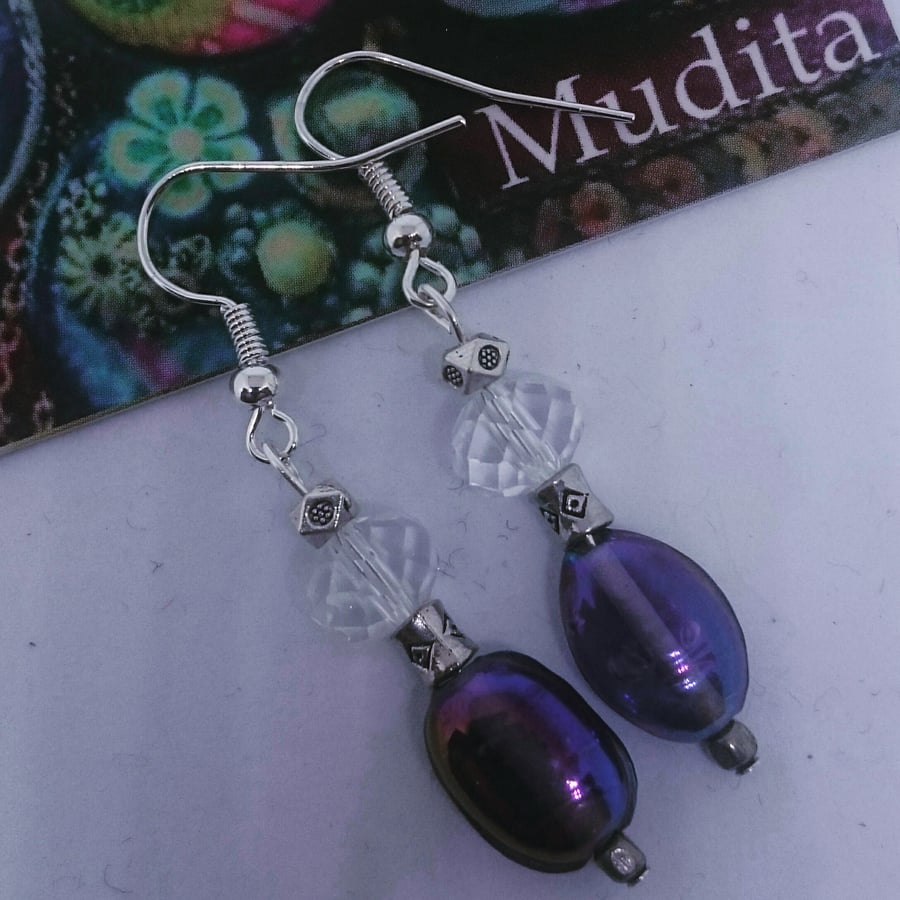 Lovely Dangly Sterling Silver Earrings  with Purple Glass and Clear Crystal