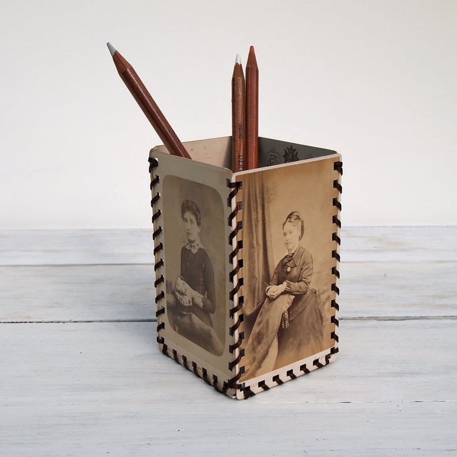 Pencil pot made from Victorian Cartes de Viste