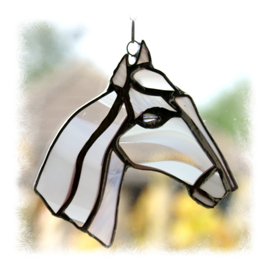 SOLD Horse Suncatcher White Handmade Stained Glass Horsehead Grey
