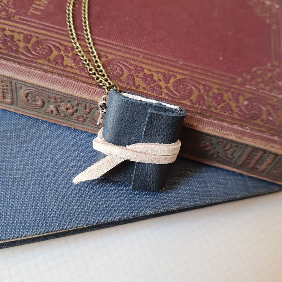 Blue leather book necklace with key charm