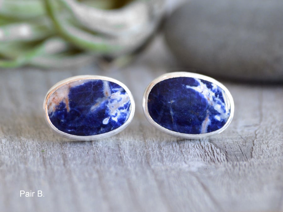 Sodalite Cufflinks Set in Sterling Silver and Fine Silver, Seconds Sunday Sale