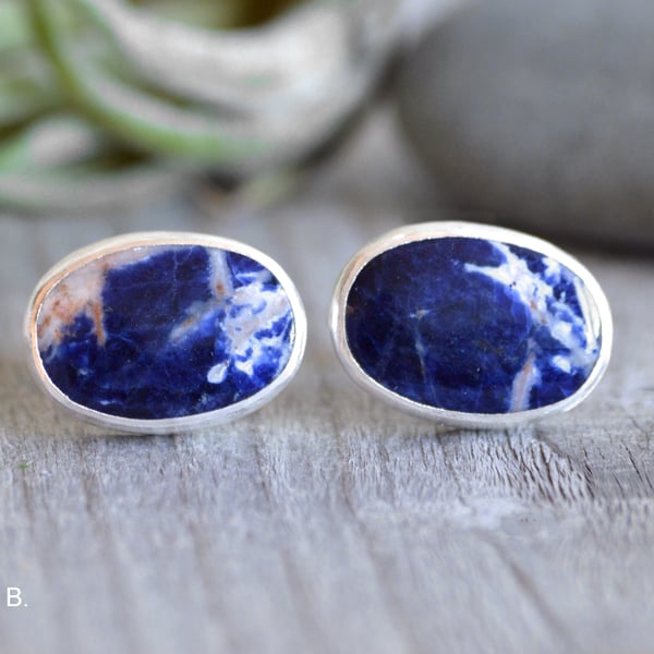 Sodalite Cufflinks Set in Sterling Silver and Fine Silver, Seconds Sunday Sale
