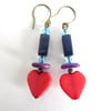 Red heart, purple, dark blue, light blue beaded dangle drop earrings