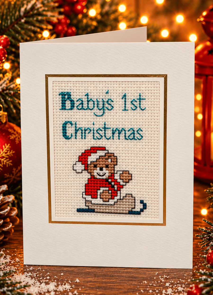 Baby's First Christmas Handmade Cross Stitch Card – Baby Santa – 6 x 4 Inch