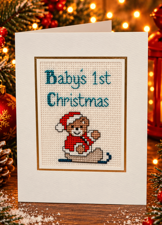 Baby's First Christmas Handmade Cross Stitch Card – Baby Santa – 6 x 4 Inch