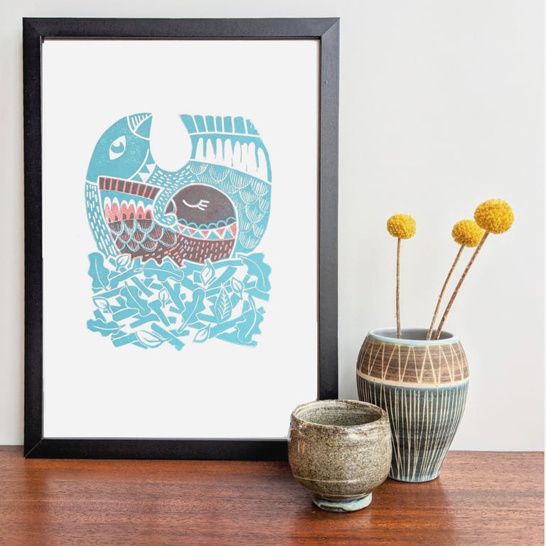 Mummy and Baby Bird in their nest - Blue and Pink