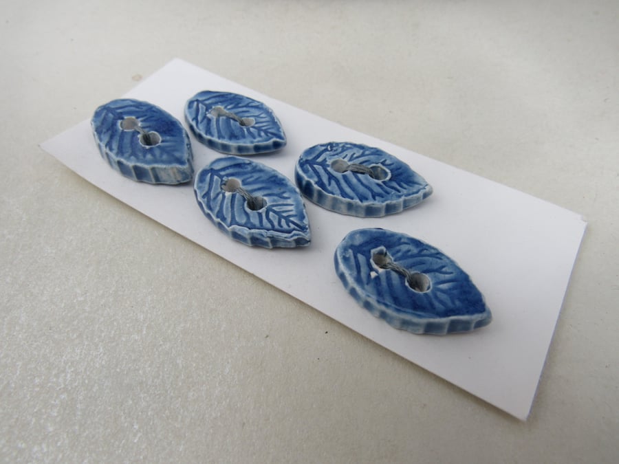 5 Small Leaf Shaped Ice Blue Ceramic Buttons