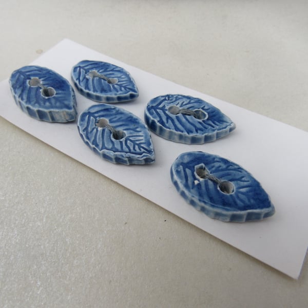 5 Small Leaf Shaped Ice Blue Ceramic Buttons