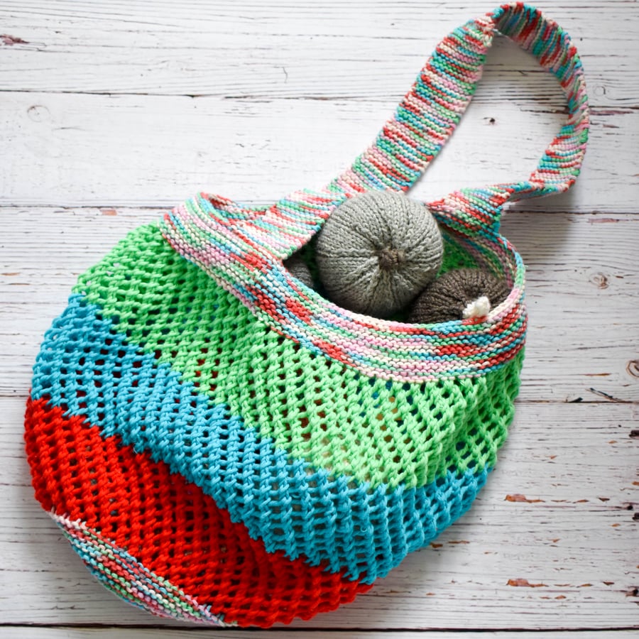 SOLD Hand Knitted striped cotton shopping grocery bag - mulitcolour