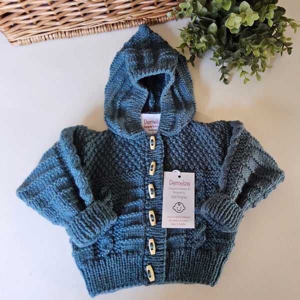 Designer Baby Hand Knitted  Boys Hooded Jacket 3-9 months size 