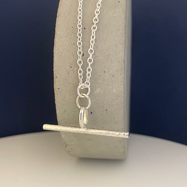 Sterling Silver T-Bar Pendant Necklace  Hammered-Sparkly 16-24 Inches 