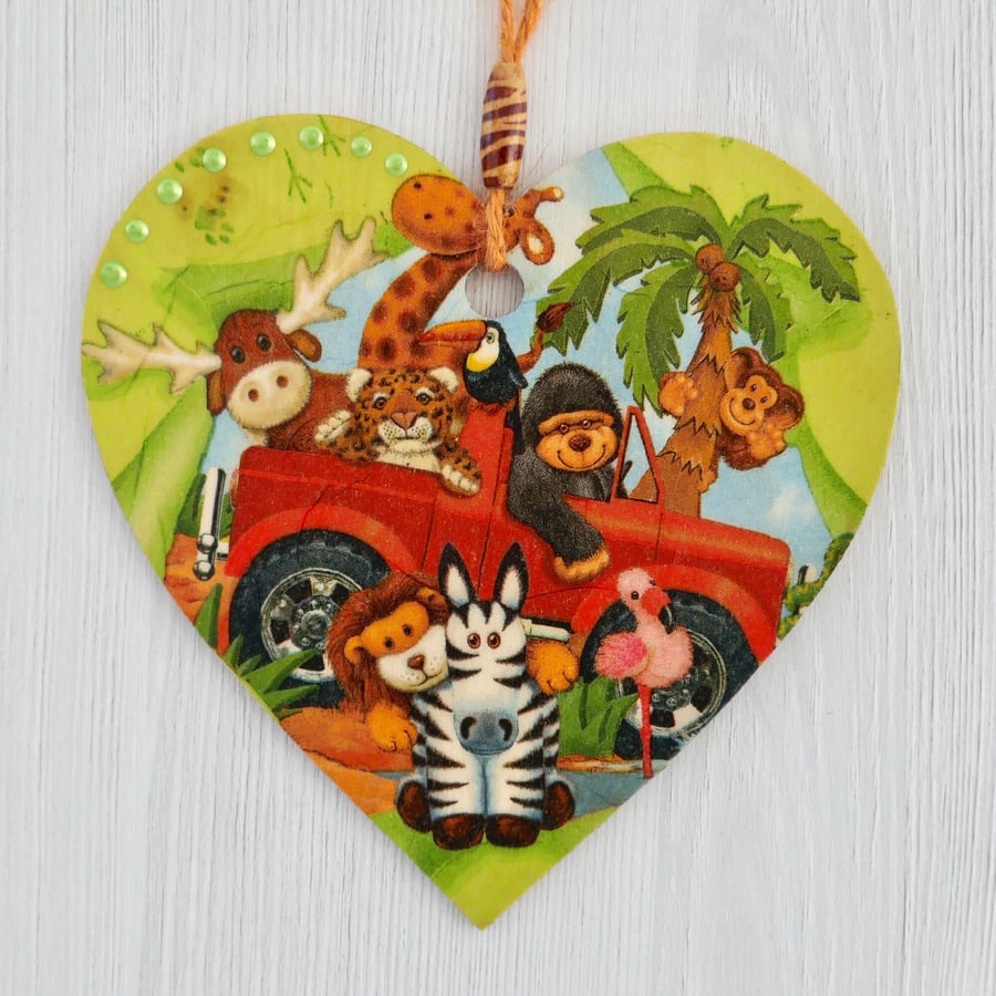 Decoupaged Wooden Hanging Heart: Toy Safari design 6” (15cm)