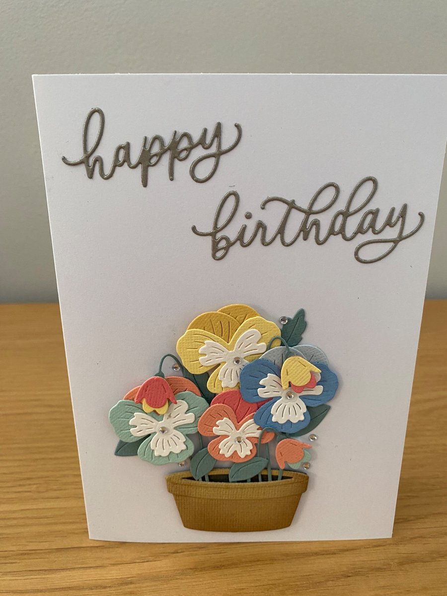 Handmade Die Cut Pansy Birthday Card
