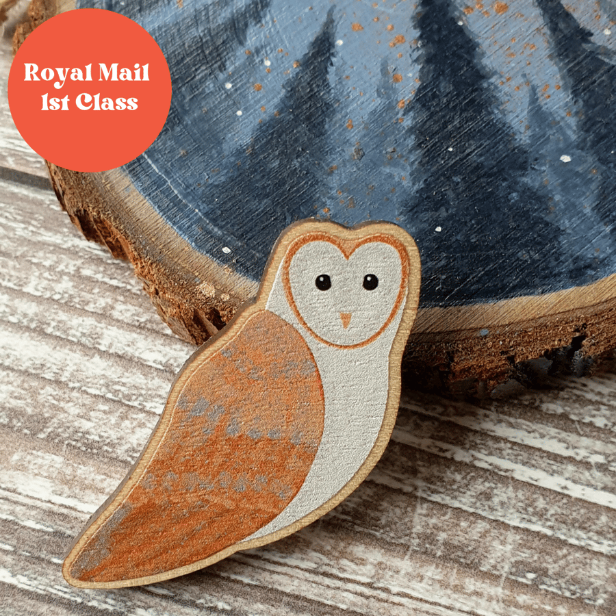 Barn Owl Wooden Pin Brooch