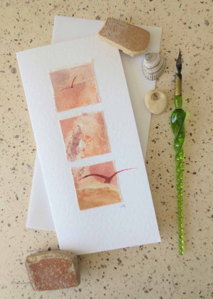 Ooak handpainted and drawn blank art card - gulls flying at sunset