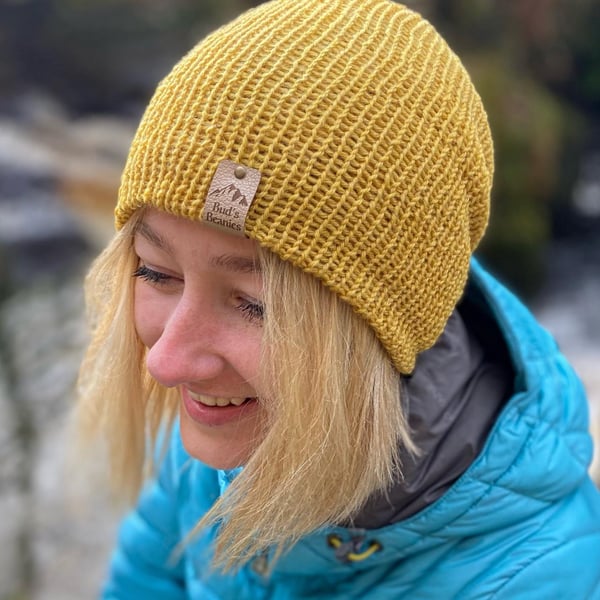 Slouchy Style beanie hat in Dijon Mustard Yellow wool (unisex)
