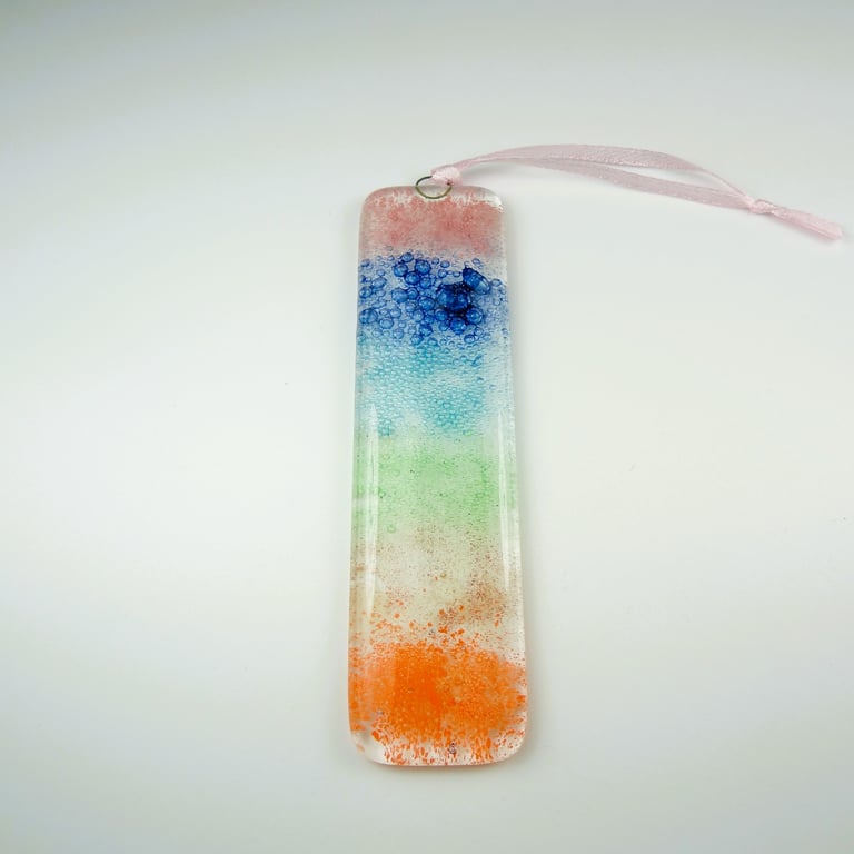 Pink blue green orange bubble fused glass suncatcher, handcrafted, 3x12cm (0125)