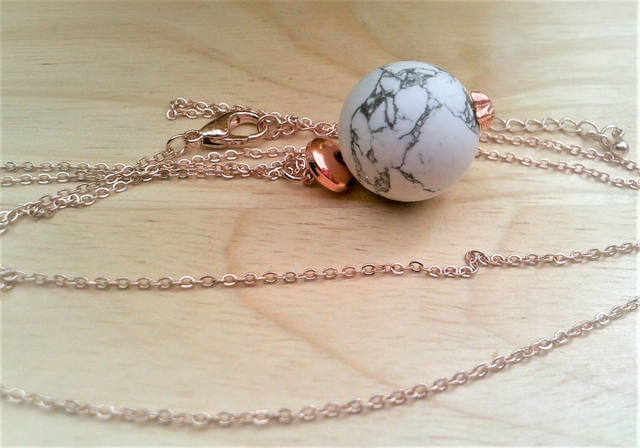 White Stone Pendant Necklace, Rose Gold & Howlite Long Necklace, Gift for Her