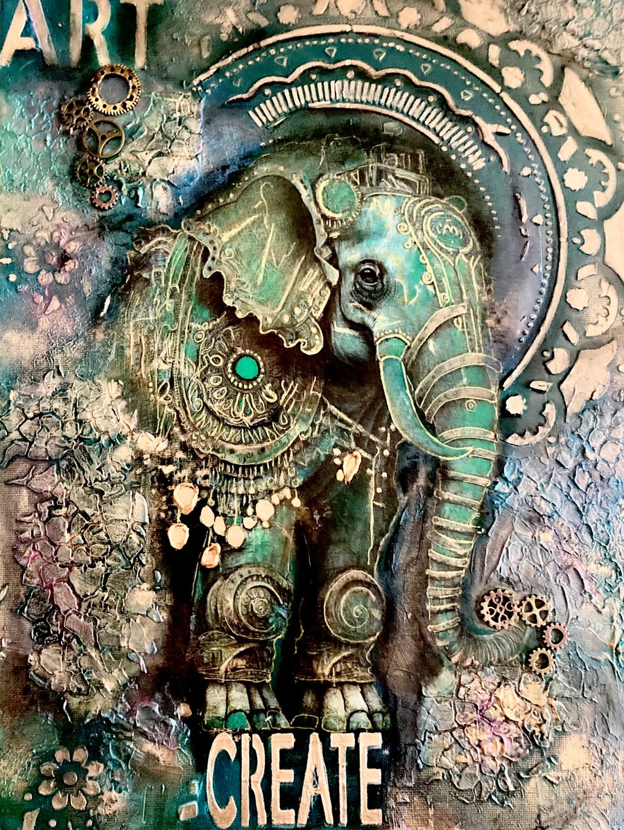 Steampunk Elephant Original Art Mixed Media Painting