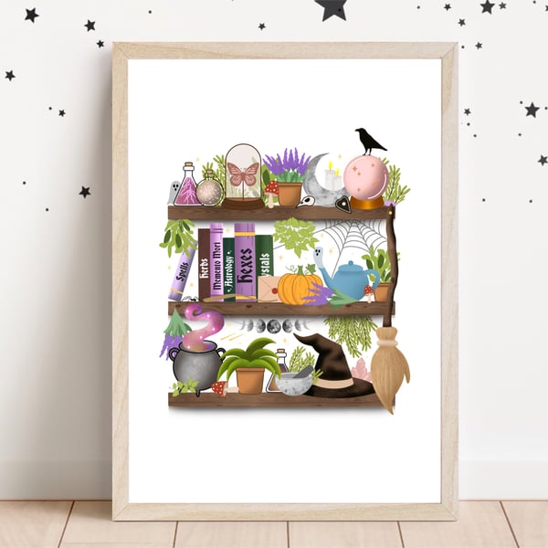Witches Shelf Art Print, Witchy Wall Art, Cute Halloween Decor, Witch Print.