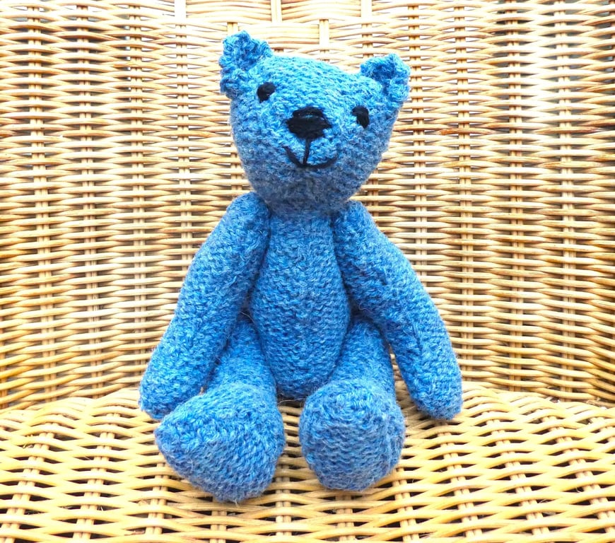 Handmade 8" Blue Teddy Bear knitted in 100% Wool