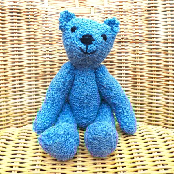 Handmade 8" Blue Teddy Bear knitted in 100% Wool