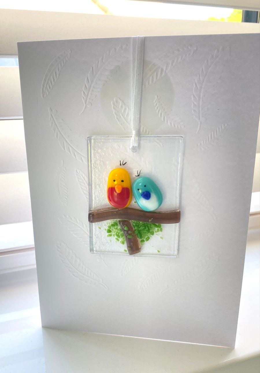 Cute fused glass birdies  embossed card 