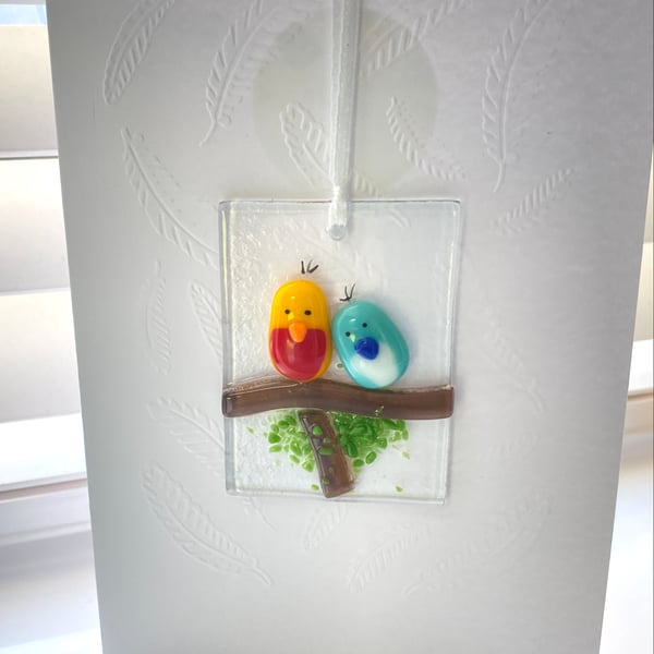 Cute fused glass birdies  embossed card 