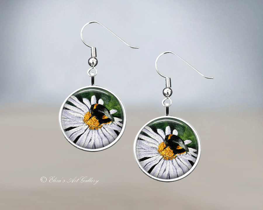 Silver Plated Bumble Bee on Flower Art Earrings