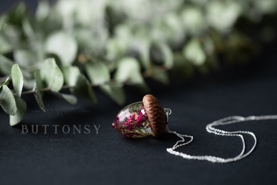 Heather Necklace Flower Acorn Winter Necklace Botanical Necklace Woodland Jewelr