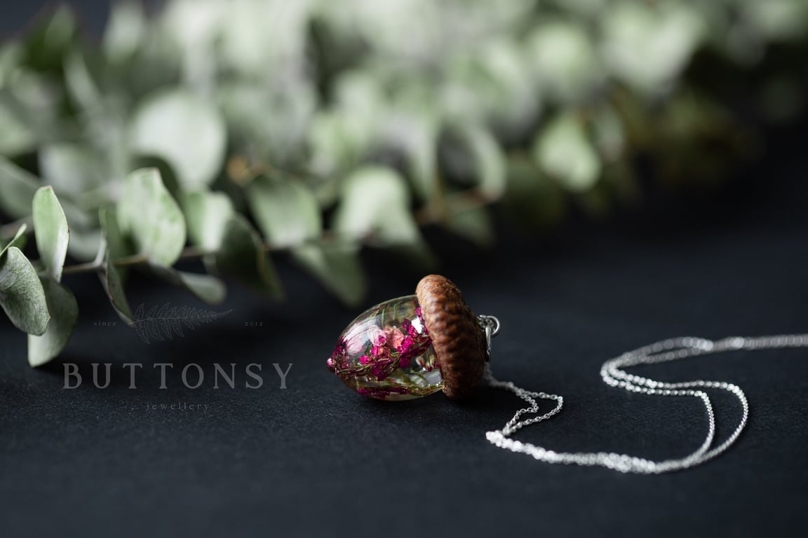 Heather Necklace Flower Acorn Winter Necklace Botanical Necklace Woodland Jewelr