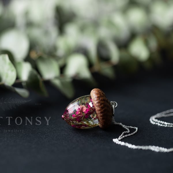 Heather Necklace Flower Acorn Winter Necklace Botanical Necklace Woodland Jewelr