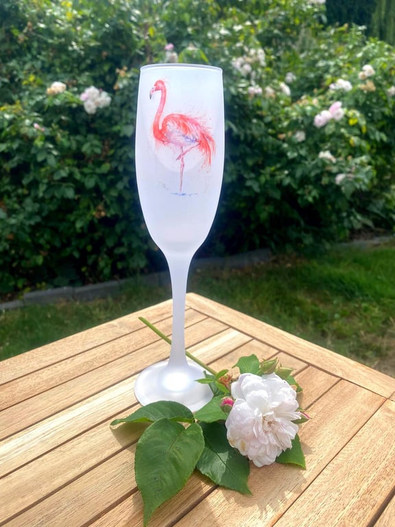 Flamingo Watercolour Motif, Frosted Glass Champagne Flute, Prosecco Glass. By Wi
