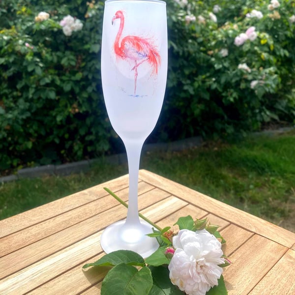 Flamingo Watercolour Motif, Frosted Glass Champagne Flute, Prosecco Glass. By Wi