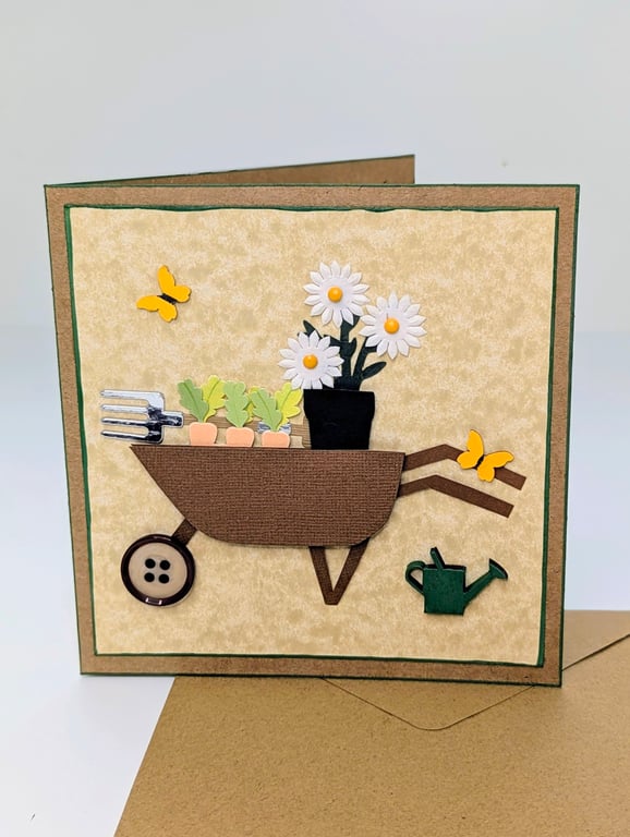 Gardening handmade card with wheelbarrow for him, blank any occasion card