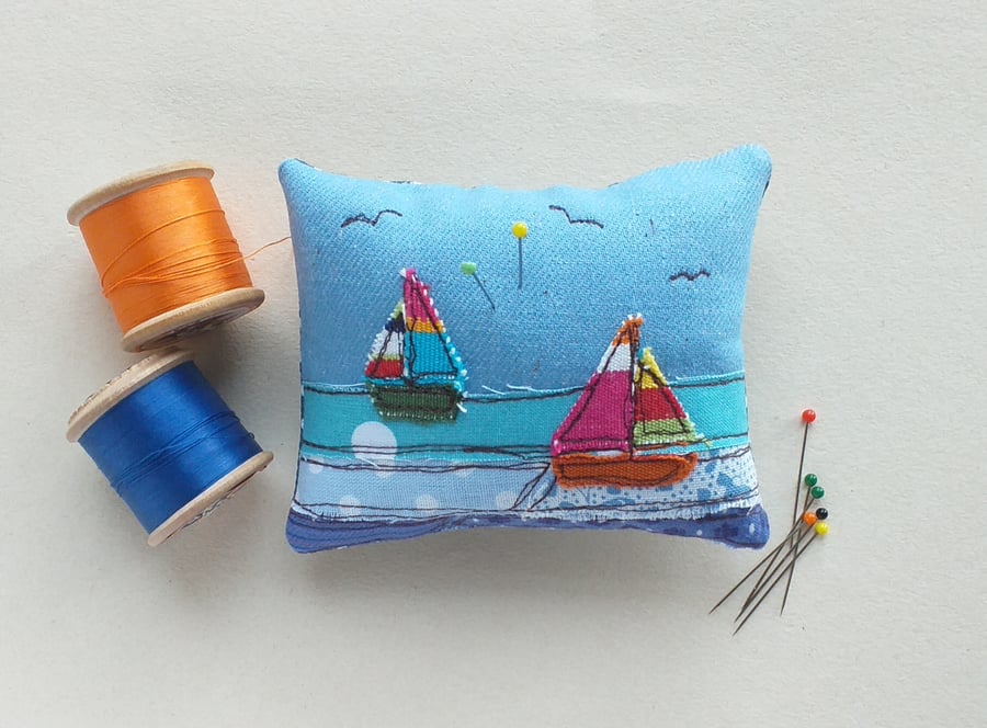 Pin Cushion with Embroidered Sailing Boats