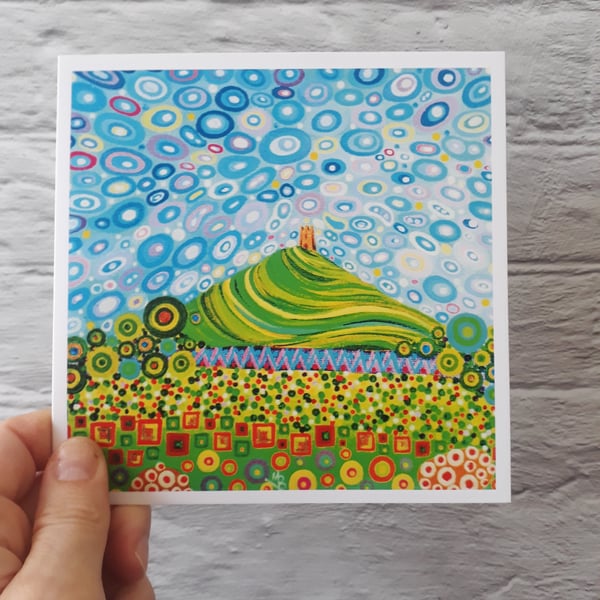 Colourful Glastonbury Tor Greetings Card for Any Occasion