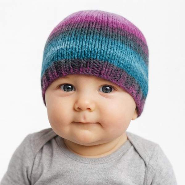 Purple and Blue Baby Hat Hand Knitted with Self-Striping Yarn, Beanie for Infant