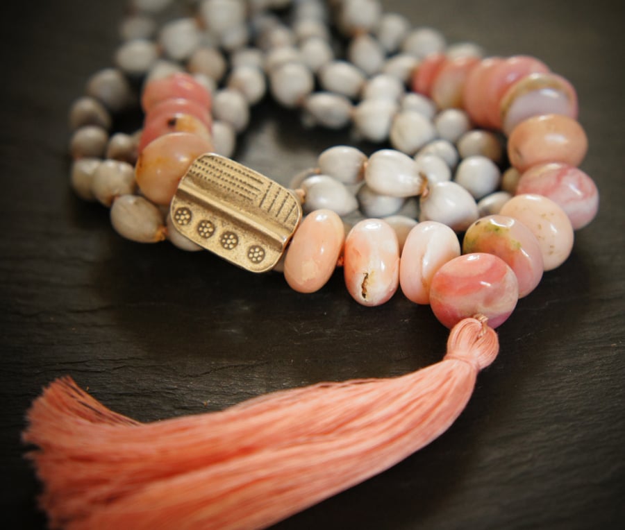 108 Heart Chakra Mala, Pink Opal, Silver, Vaijayanti Seed Yoga Necklace