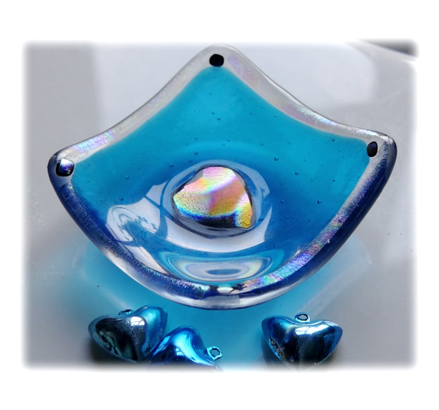 Earring Ring Dish Fused Glass 7cm Turquoise Dichroic Heart 015