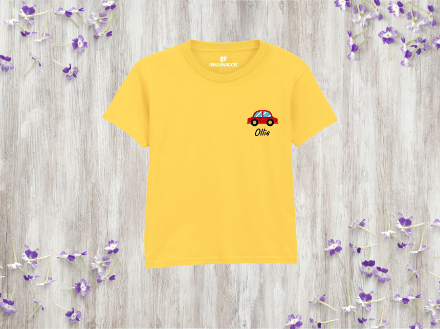 Personalised Kids Car T-Shirt, Custom Name Vehicle Tee, Pocket Style Tshirt